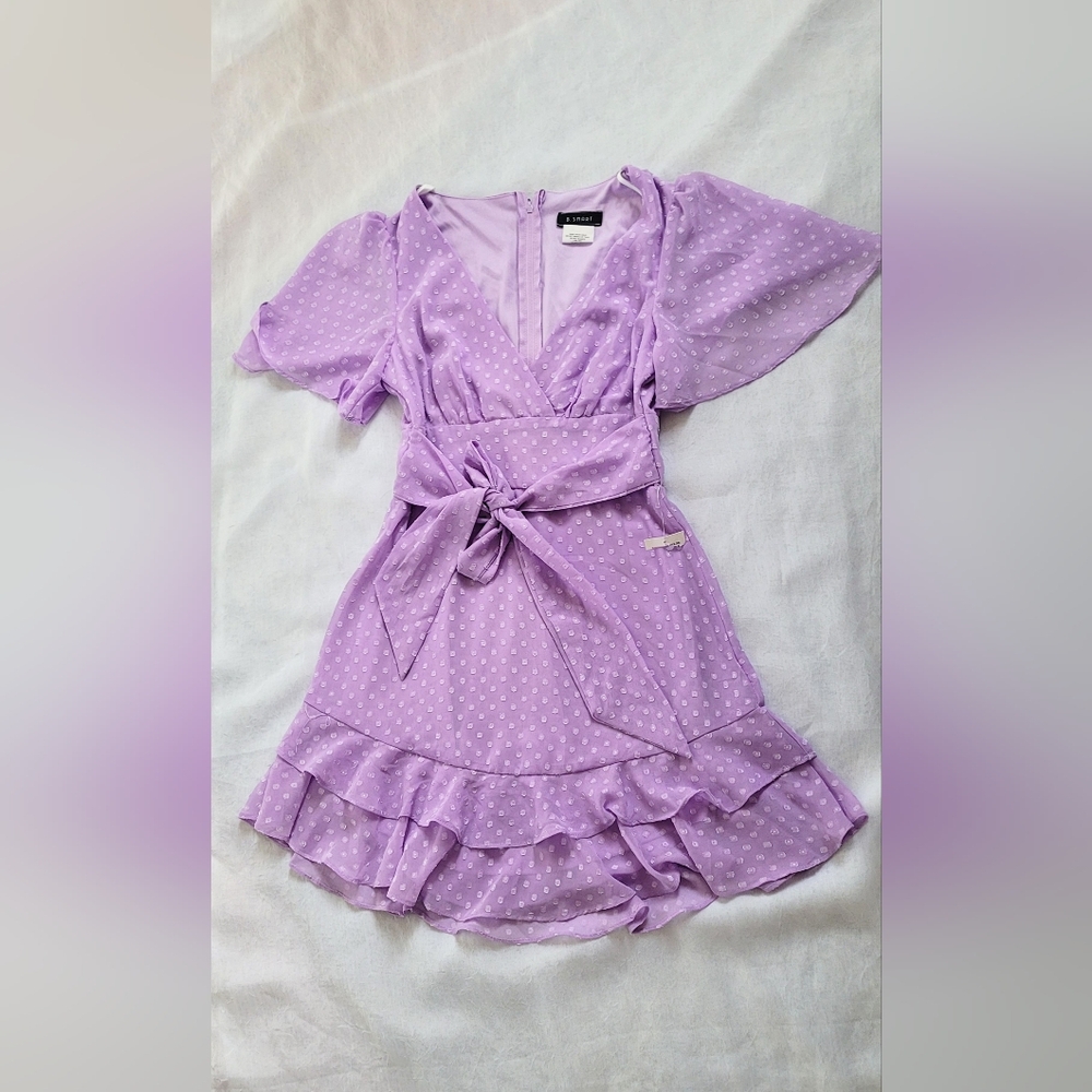 NWT! Spring Polka-Dot Lavender Lilac Photo Ready Women's Mini Ruffle Sundress - Picture 3 of 17